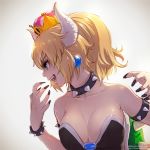  bare_shoulders blonde_hair blue_eyes bowsette bracelet collar collarbone commentary_request crown dress earrings eyebrows_visible_through_hair jewelry mario_(series) nail_polish new_super_mario_bros._u_deluxe profile short_hair solo strapless strapless_dress super_crown takami_masahiro twitter_username watermark web_address 