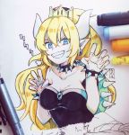  bangs bare_shoulders black_dress blonde_hair blue_eyes bowsette bracelet breasts claw_pose cleavage collar collarbone crown dress earrings fingernails grin hair_between_eyes hands_up horns jewelry large_breasts long_fingernails long_hair mario_(series) mini_crown new_super_mario_bros._u_deluxe photo pointy_ears ponytail sharp_fingernails sharp_teeth sidelocks smile sofra solo spiked_bracelet spiked_collar spikes strapless strapless_dress super_crown teeth traditional_media turtle_shell v-shaped_eyebrows very_long_hair 