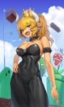  absurdres armpits bare_shoulders blonde_hair blue_eyes bowsette bracelet breasts cleavage collar commentary_request crown dress earrings fang highres horns jewelry large_breasts looking_at_viewer mario_(series) new_super_mario_bros._u_deluxe piranha_plant ponytail romana shell solo spiked_bracelet spiked_collar spikes super_crown tail 