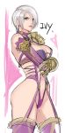  bare_shoulders blue_eyes breasts claws cleavage closed_mouth commentary_request cowboy_shot crossed_arms from_side highres isabella_valentine large_breasts looking_at_viewer looking_to_the_side purple_legwear revealing_clothes short_hair silver_hair sketch solo soulcalibur tetsu_(kimuchi) thighhighs 