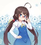  ahoge bespectacled blue_eyes brown_hair closed_mouth dress eyebrows_visible_through_hair floral_background glasses hand_on_hip head_tilt highres hinatsuru_ai long_hair long_sleeves looking_at_viewer low_twintails muji_(majunduo) puffy_short_sleeves puffy_sleeves red-framed_eyewear ryuuou_no_oshigoto! school_uniform short_sleeves smile solo sparkle twintails v-shaped_eyebrows very_long_hair 