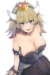  :d absurdres ancolatte_(onikuanco) black_dress blonde_hair bowsette bracelet breasts cleavage collar collarbone commentary_request crown dress earrings eyebrows_visible_through_hair eyes_visible_through_hair hair_between_eyes highres horns jewelry large_breasts looking_at_viewer mario_(series) new_super_mario_bros._u_deluxe open_mouth pointy_ears ponytail sharp_teeth simple_background smile solo spiked_armlet spiked_bracelet spiked_collar spikes strapless strapless_dress super_crown teeth white_background 