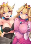 2018 armwear blonde_hair blue_eyes blush bowser bowsette_meme breast_squish breasts clothed clothing collar crossgender crown duo ear_piercing elbow_gloves female gloves hair horn human humanoid koopahime looking_at_viewer mammal mario_bros mistynight nintendo open_mouth piercing ponytail princess_peach spiked_armlet spiked_collar spikes super_crown video_games 