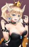  bare_shoulders blonde_hair blue_eyes bowsette bracelet breasts cleavage collar crown dress earrings horns jewelry large_breasts looking_at_viewer mario_(series) new_super_mario_bros._u_deluxe ponytail sharp_teeth shell solo spiked_bracelet spiked_collar spikes super_crown tail teeth wakamepiza 