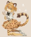  :p animal_ears animal_print belt blonde_hair boots bow bowtie center_frills commentary_request elbow_gloves eyebrows_visible_through_hair fur_collar gloves green_eyes high-waist_skirt jaguar_(kemono_friends) jaguar_ears jaguar_print jaguar_tail kemono_friends kneeling konabetate multicolored_hair paw_print short_hair short_sleeves skirt solo tail thighhighs tongue tongue_out zettai_ryouiki 