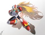  android blonde_hair blue_eyes full_body gloves helmet highres jumping long_hair male_focus rockman rockman_x shadow signature simple_background solo sumomo very_long_hair white_gloves zero_(rockman) 