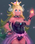  armlet armpits bangs bare_shoulders black_leotard blonde_hair blue_eyes blurry bokeh bow bowsette bracelet breasts cleavage collar collarbone cowboy_shot crown depth_of_field earrings fang fingernails fire flame flipped_hair gem grey_background hair_between_eyes hand_on_hip hand_up highres horns impossible_clothes impossible_leotard jewelry large_breasts legs_together leotard lipstick long_fingernails long_hair looking_at_viewer makeup mario_(series) md5_mismatch nail_polish new_super_mario_bros._u_deluxe pink_bow pink_lipstick pink_nails pink_skirt sapphire_(stone) segamark showgirl_skirt simple_background skirt solo spiked_armlet spiked_bracelet spiked_collar spiked_tail spikes standing strapless strapless_leotard super_crown tail turtle_shell 