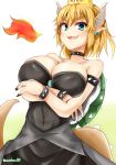  bare_shoulders black_dress blonde_hair blue_eyes bowsette bracelet breasts cleavage collar commentary_request crossed_arms crown dress earrings ero-god eyebrows eyebrows_visible_through_hair fire green_background highres jewelry large_breasts looking_at_viewer mario_(series) new_super_mario_bros._u_deluxe open_mouth pointy_ears ponytail sharp_teeth short_hair smile solo spiked_armlet spiked_bracelet spiked_collar spikes super_crown tail teeth twitter_username two-tone_background white_background 