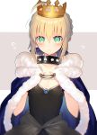  antenna_hair artoria_pendragon_(all) bangs black_dress blonde_hair blush bowsette bowsette_(cosplay) braid breasts breasts_apart check_commentary choker collar collarbone commentary_request cosplay cowl crown dress embarrassed eyebrows_visible_through_hair fate/grand_order fate_(series) gem green_eyes hair_between_eyes highres kirie_nozomi looking_at_viewer mario_(series) medium_breasts new_super_mario_bros._u_deluxe overskirt partial_commentary saber short_hair silver_trim simple_background small_breasts solo spiked_collar spikes strapless strapless_dress sweatdrop 