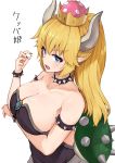  arm_under_breasts bangs bare_shoulders black_dress black_nails blonde_hair blue_eyes blush bowsette bracelet breasts check_commentary cleavage collar collarbone commentary commentary_request crown dress eyebrows_visible_through_hair fingernails hair_between_eyes highres horns jewelry large_breasts long_hair looking_at_viewer mario_(series) mini_crown nail_polish new_super_mario_bros._u_deluxe open_mouth ponytail racchi. sharp_teeth simple_background solo spiked_bracelet spiked_collar spiked_shell spikes strapless strapless_dress super_crown teeth translated turtle_shell v-shaped_eyebrows white_background 