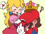  1girl blush crown dress earrings elbow_gloves embarrassed gloves hat hat_tip heart height_difference hetero jewelry mario mario_(series) new_super_mario_bros._u_deluxe overalls princess_peach puffy_short_sleeves puffy_sleeves red_hat removing_headwear short_sleeves spoken_heart squiggle super_crown super_mario_bros. ukata white_gloves 