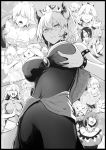  black_dress bob-omb boo bowsette bracelet breast_grab cheep_cheep collar commentary crown dress goomba grabbing greyscale horns jewelry long_hair luigi's_mansion mario_(series) monochrome multiple_girls new_super_mario_bros._u_deluxe peachette piranha_plant princess_chain_chomp princess_king_boo princess_peach spiked_bracelet spiked_collar spikes strapless strapless_dress super_crown super_mario_bros. syatey toad turtle_shell 