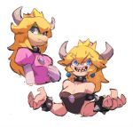  bowsette crown dress earrings horns jewelry mario_(series) monster_girl monsterification multiple_girls new_super_mario_bros._u_deluxe niking pink_dress princess_peach reptilian super_crown super_mario_bros. thick_eyebrows transformation 
