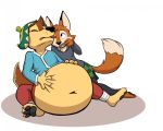  anthro belly belly_groping big_belly bodi canine chopsticks clothed clothing darma dog feeding female fox hat male mammal navel overweight pancak3 rock_dog skirt tongue 