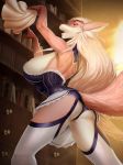  2018 5_fingers anthro big_breasts blonde_hair book breasts butt canine clothed clothing digital_media_(artwork) female fennec fox fur hair huge_breasts inner_ear_fluff legwear library long_hair looking_at_viewer loyse maid_uniform mammal mr._mist open_mouth side_boob small_waist solo standing stockings surprise uniform yellow_eyes 