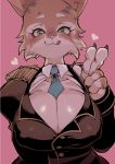  &lt;3 2018 big_breasts breasts claws cleavage clothed clothing epaulette feline female fully_clothed green_eyes kemono licking licking_lips looking_at_viewer mammal necktie nipple_bulge pink_background pink_nose ricosye simple_background smile solo suit tongue tongue_out v_sign 