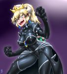  adapted_costume aozame_takao armlet ass_visible_through_thighs bangs between_breasts black_bodysuit black_gloves black_legwear black_leotard black_skirt blonde_hair blue_background blue_eyes blush bodysuit bodysuit_under_clothes bowsette breasts claw_pose claws collar commentary_request covered_collarbone covered_nipples cowboy_shot crown dress earrings elbow_gloves from_side gem gloves gradient gradient_background hair_between_eyes hair_tie hand_up high_ponytail highleg highleg_leotard highres hips horns impossible_clothes jewelry large_breasts latex leaning_forward legs_apart leotard mario_(series) mushroom new_super_mario_bros._u_deluxe open_mouth parted_bangs ponytail sapphire_(stone) sharp_teeth showgirl_skirt sideways_glance signature skin_tight skirt solo spiked_armlet spiked_collar spikes strapless strapless_leotard super_crown tail teeth thick_eyebrows thighhighs thighs turtle_shell turtleneck v-shaped_eyebrows 