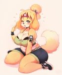  2018 animal_crossing anthro bell blonde_hair breasts canine cleavage clothed clothing dog female footwear fully_clothed hair headband hi_res isabelle_(animal_crossing) mammal midriff nintendo one_eye_closed secretly_saucy shih_tzu shoes solo super_smash_bros sweat thick_thighs video_games 