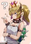  ? apron armlet bangs bare_shoulders blonde_hair blue_eyes blush bowsette bracelet breasts broken check_commentary chewing cleavage collar commentary commentary_request cooking crown earrings eating eyebrows_visible_through_hair hair_between_eyes hand_up highres horns jewelry ladle long_hair looking_away mario_(series) new_super_mario_bros._u_deluxe partial_commentary pink_background pirapirapirapira pointy_ears ponytail pot sharp_teeth sidelocks simple_background solo spiked_armlet spiked_bracelet spiked_collar spiked_shell spikes steam super_crown tasting teeth translated turtle_shell upper_body v-shaped_eyebrows white_apron you're_doing_it_wrong 