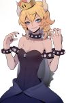  absurdres bangs bare_shoulders black_dress blonde_hair blue_eyes blush bowsette bracelet breasts cleavage clenched_teeth collar collarbone commentary_request cowboy_shot crown dress hair_between_eyes hands_up highres horns jewelry large_breasts looking_at_viewer mario_(series) medium_hair new_super_mario_bros._u_deluxe sharp_teeth simple_background solo spiked_bracelet spiked_collar spiked_shell spikes st_(youx1119) strapless strapless_dress super_crown teeth thick_eyebrows turtle_shell waist_cape white_background 