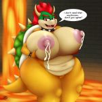  09hankris 2018 absurd_res anthro areola big_breasts bowser breasts crossgender dialogue english_text fangs female hair hi_res horn huge_breasts koopa lactating lava looking_at_viewer mario_bros milk nintendo nipples nude open_mouth pussy red_eyes red_hair scalie signature solo text thick_thighs video_games 