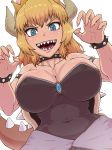  :d areola_slip areolae armlet bangs bare_shoulders black_dress blonde_hair blue_eyes bowsette bracelet breasts claw_pose collar collarbone commentary_request covered_nipples crown dress dutch_angle fingernails hands_up highres hips horns jewelry large_breasts long_hair mario_(series) nail_polish new_super_mario_bros._u_deluxe open_mouth pink_nails senpu86 sharp_teeth simple_background smile solo spiked_armlet spiked_bracelet spiked_collar spiked_shell spikes strapless strapless_dress super_crown tail teeth turtle_shell upper_body v-shaped_eyebrows white_background 