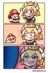  1boy 1girl 3koma :d artist_name blonde_hair blue_eyes blush blush_stickers bowsette bracelet chibi chroneco collar comic commentary crown earrings expressive_clothes eyebrows_visible_through_hair facial_hair hat heart heart-shaped_pupils heavy_breathing horns jewelry lenny_face looking_at_another mario mario_(series) meme mustache new_super_mario_bros._u_deluxe open_mouth ponytail sharp_teeth smile spiked_bracelet spiked_collar spikes super_crown super_mario_bros. super_mushroom sweat sweating_profusely symbol-shaped_pupils teeth turtle_shell twitter_username you_gonna_get_raped 