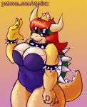  2018 5_fingers anthro atrolux bedroom_eyes big_breasts bowser bowsette_meme bracelet breasts claws cleavage clothed clothing collar crossgender crown eyeshadow female hair half-closed_eyes horn jewelry koopa leotard looking_at_viewer makeup mario_bros navel nintendo open_mouth patreon red_eyes red_hair scales scalie seductive slightly_chubby smile solo spiked_bracelet spiked_collar spikes standing super_crown thick_thighs tongue tongue_out url video_games 
