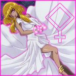  1girl artist_request blonde_hair bracelet dark_skin dress female jewelry looking_at_viewer pallas pink_eyes saint_seiya saint_seiya_omega shiny shiny_skin 