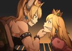  bare_shoulders blonde_hair blue_eyes bowsette bracelet breasts cloth_gag collar commentary_request crown dress earrings gag gagged horns improvised_gag jewelry large_breasts long_hair mario_(series) multiple_girls new_super_mario_bros._u_deluxe ponytail princess_peach spiked_bracelet spiked_collar spikes super_crown super_mario_bros. teeth triangle_bullet 