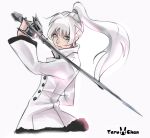  blue_eyes buttons closed_mouth commentary_request fur_trim hair_ornament high_collar highres holding holding_sword holding_weapon jacket lavender_background left-handed long_hair long_sleeves looking_at_viewer myrtenaster ponytail rapier rwby signature simple_background solo sword teruchan weapon weiss_schnee white_hair wide_sleeves 