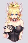  bangs bare_shoulders black_dress black_nails blonde_hair blue_eyes bowsette bracelet breasts chimachi cleavage collar collarbone commentary_request crown dress earrings fangs gem grey_background hair_between_eyes horns jewelry large_breasts looking_at_viewer mario_(series) nail_polish naughty_face new_super_mario_bros._u_deluxe open_mouth pointy_ears ponytail self_fondle solo spiked_bracelet spiked_collar spikes strapless strapless_dress super_crown super_mario_bros. tongue tongue_out upper_body 