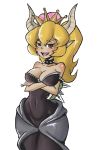  anthro bowser bowsette_meme breasts cleavage clothed clothing collar crown fangs female hi_res humanoid koopahime looking_at_viewer mario_bros nintendo open_mouth snoutless spiked_collar spikes super_crown tongue video_games 