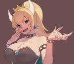  absurdres armlet bangs bare_shoulders black_dress blonde_hair blue_eyes bowsette bracelet breasts collar commentary_request covering_mouth crown dress earrings eyebrows_visible_through_hair fangs highres horns jewelry kana_(peropepero) large_breasts long_hair mario_(series) new_super_mario_bros._u_deluxe open_mouth ponytail smug spiked_bracelet spiked_collar spikes strapless strapless_dress super_crown super_mario_bros. turtle_shell upper_body 