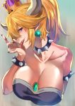  absurdres black_nails blonde_hair blue_eyes bowsette breasts cleavage collarbone commentary_request cropped_torso crown earrings fingernails fujitsubo_(hujitubo0731) highres jewelry large_breasts licking mario_(series) nail_polish new_super_mario_bros._u_deluxe pointy_ears ponytail sharp_fingernails sharp_teeth smile solo super_crown teeth tongue tongue_out upper_body 