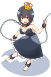  bangs bare_shoulders barefoot black_dress black_hair blue_eyes breasts chain cleavage commentary_request crown cuffs dress eyebrows_visible_through_hair full_body hair_between_eyes large_breasts mario_(series) mini_crown nagami_yuu new_super_mario_bros._u_deluxe open_mouth princess_chain_chomp sharp_teeth short_hair solo standing strapless strapless_dress super_crown teeth white_background 