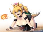  all_fours bent_over blonde_hair blue_eyes bowsette breasts cleavage commentary crown dress fingernails fire harukigenia horns large_breasts mario_(series) new_super_mario_bros._u_deluxe open_mouth pelvic_curtain pointy_ears ponytail sharp_fingernails sharp_teeth shell smile solo super_crown tail teeth 