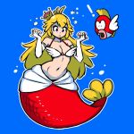  1girl air_bubble akairiot bangs bikini bikini_top blonde_hair blue_background blue_eyes bra breasts bubble cheep_cheep crown elbow_gloves eyebrows_visible_through_hair fingerless_gloves fins fish gloves jewelry long_hair mario_(series) medium_breasts mermaid monster_girl navel new_super_mario_bros._u_deluxe original outline personification simple_background solo super_crown swimsuit underwater underwear very_long_hair white_outline wide_hips 