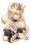  armlet bare_shoulders black_dress blonde_hair blue_eyes borrowed_design bowsette bracelet breasts collar crown dress earrings heart horns jewelry large_breasts mario_(series) new_super_mario_bros._u_deluxe okitakung pointy_ears ponytail sharp_teeth signature simple_background spiked_bracelet spiked_collar spikes strapless strapless_dress super_crown super_mario_bros. teeth toned turtle_shell upper_body white_background 