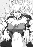  arm_rest bowsette bracelet breasts cleavage collar collarbone commentary_request crown earrings evil_grin evil_smile forked_eyebrows gem grey_background greyscale grin horns jewelry long_hair looking_at_viewer mario_(series) monochrome muscle muscular_female new_super_mario_bros._u_deluxe ponytail sharp_teeth sidelocks sigama simple_background smile solo spiked_armlet spiked_bracelet spiked_collar spiked_shell spikes super_crown teeth thick_eyebrows turtle_shell white_background 