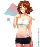  blush breasts brown_eyes brown_hair cleavage collarbone commentary english_commentary gym_shorts hibike!_euphonium highres mathias_leth navel oumae_kumiko petite shoal shorts small_breasts solo sports_bra standing stomach watermark wavy_hair web_address white_background 