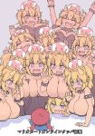 6+girls black_dress borrowed_design bowsette bracelet breasts choker claw_pose cleavage clone commentary cool-kyou_shinja crown dress happy hat highres horns jewelry large_breasts looking_at_another mario mario_(series) mini_crown multiple_girls new_super_mario_bros._u_deluxe overalls sharp_teeth simple_background spiked_armlet spiked_bracelet spiked_choker spikes super_crown super_mario_bros. sweatdrop teeth too_many translation_request you_gonna_get_raped 