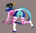  all_fours anthro black_hair blue_scales butt claws clothing colored_nails cuntboy dragon feet girly hair hi_res horn intersex jacket legwear looking_at_viewer pouting presenting pussy scales scalie shazzi short_hair skirt solo stockings yellow_eyes 