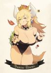  1girl :3 :q absurdres armlet bangs bare_shoulders black_eyes black_leotard black_nails blonde_hair blush bowsette bracelet breasts character_name cleavage collar commentary_request crown earrings eyebrows_visible_through_hair fire gem highres horns jewelry large_breasts leaning_forward leotard long_hair looking_at_viewer mario_(series) mushroom nail_polish new_super_mario_bros._u_deluxe pointy_ears ponytail smug solo spiked_bracelet spiked_collar spikes strapless strapless_leotard super_crown tail thighs tongue tongue_out turtle_shell 