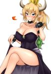  &gt;:) armlet bangs bare_legs bare_shoulders black_dress blonde_hair blue_eyes blush bowsette bracelet breasts chin_rest cleavage collar collarbone crimecrime crown dress dress_lift eyebrows_visible_through_hair gem highres horns jewelry large_breasts legs long_hair mario_(series) new_super_mario_bros._u_deluxe parted_lips pointy_ears sitting smirk spiked_bracelet spiked_collar spikes strapless strapless_dress super_crown super_mario_bros. tail thighs turtle_shell 