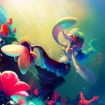  blue_hair commentary corsola gen_7_pokemon hair_ornament jewelry koriarredondo long_hair ludvisc mermaid monster_girl open_mouth pokemon pokemon_(creature) pokemon_(game) pokemon_sm primarina sea_lion underwater very_long_hair 