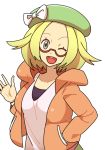  alternate_eye_color bel_(pokemon) blonde_hair blue_eyes breasts commentary_request derivative_work glasses green_hat hat jacket medium_hair one_eye_closed open_mouth orange_jacket otakuron pokemon pokemon_(game) pokemon_bw2 smile solo 