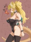  abs armlet bare_shoulders black_legwear black_leotard blonde_hair blue_eyes blush bowsette bracelet breasts breathing_fire castle collar commentary crown d1975 fire from_side gem highres horns jewelry large_breasts leotard mario_(series) muscle muscular_female new_super_mario_bros._u_deluxe ponytail spiked_bracelet spiked_collar spikes strapless strapless_leotard super_crown super_mario_bros. sweat tail thighhighs thighs turtle_shell 