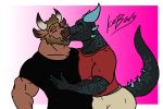  1ceberg anthro biceps bovine butt claws clothing dragon duo eyes_closed french_kissing hair hand_on_chest horn jordan(chickendinosaur) kissing lizard male male/male mammal muscular muscular_male reptile scalie shirt stripes tom(chickendinosaur) tongue 