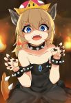  armlet bangs bare_shoulders black_dress black_nails blonde_hair blue_eyes bowsette bracelet breathing_fire child claw_pose collar collarbone commentary_request cowboy_shot crown dress evil_smile eyebrows_visible_through_hair fangs fingernails fire flame flat_chest gem hair_between_eyes hands_up horns jewelry leaning_forward lizard_tail long_fingernails looking_at_viewer mario_(series) medium_hair nail_polish new_super_mario_bros._u_deluxe open_mouth paw_pose ponytail sapphire_(stone) shaded_face sidelocks sleeveless sleeveless_dress smile solo spiked_armlet spiked_bracelet spiked_collar spiked_tail spikes strapless strapless_dress super_crown tahita1874 tail teeth thick_eyebrows upper_teeth v-shaped_eyebrows younger 